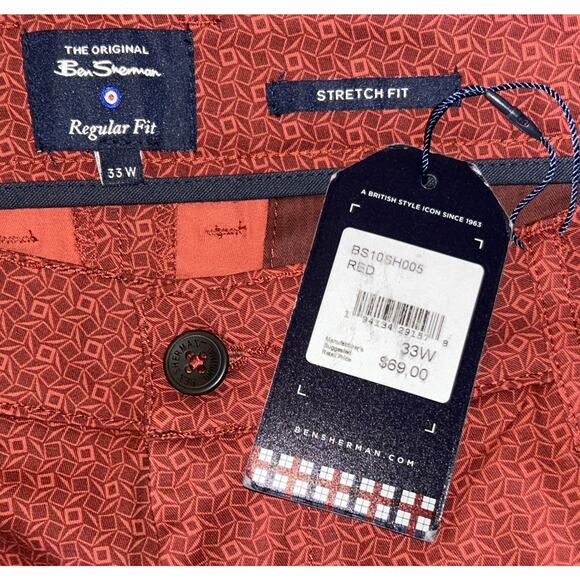 NWT Ben Sherman Regular Stretch Fit Geometric Print Red Shorts 33X9 - Picture 5 of 6
